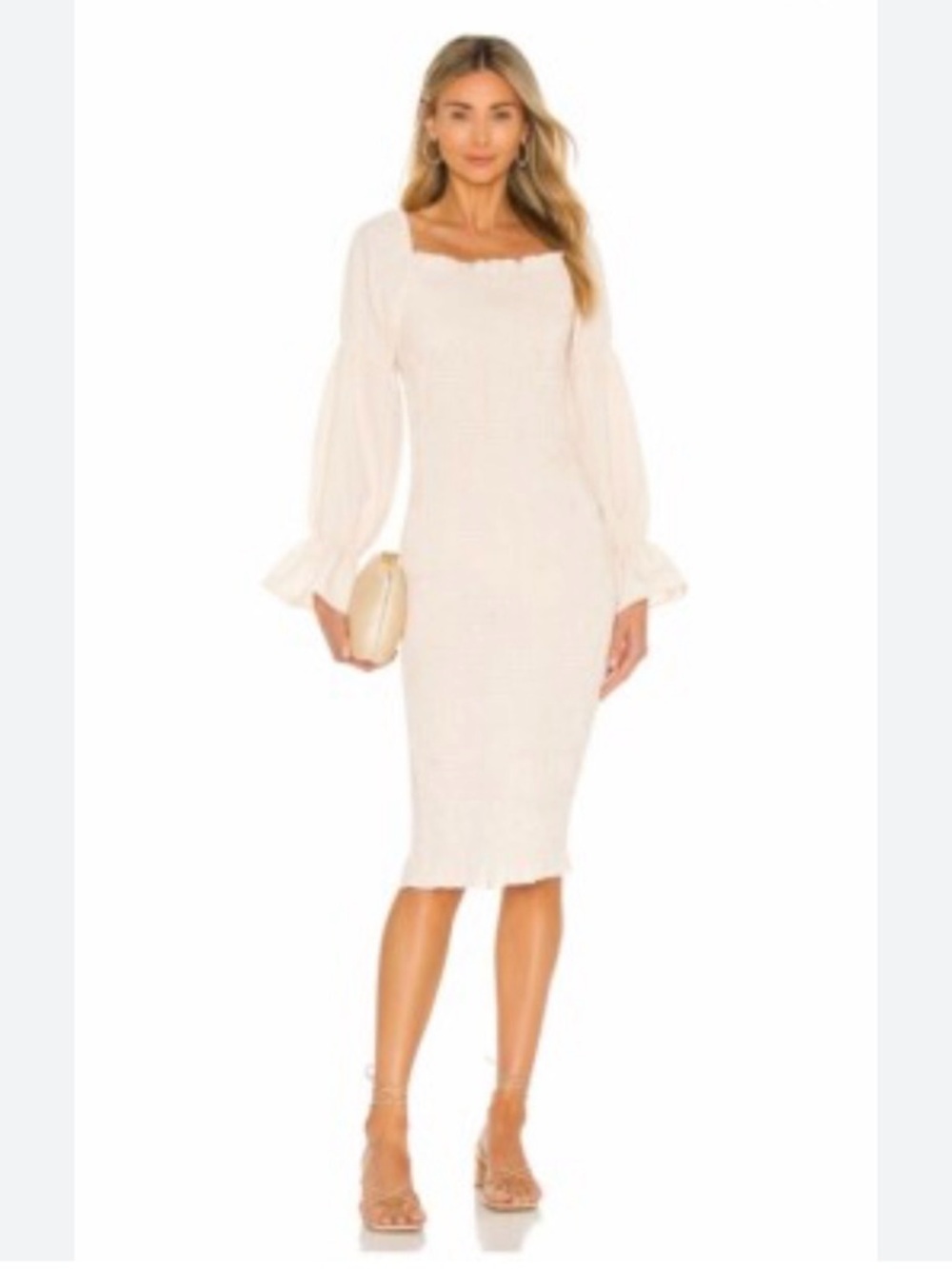 Petal & Pup Cream Square-Neck Midi Dress with Bishop Sleeves